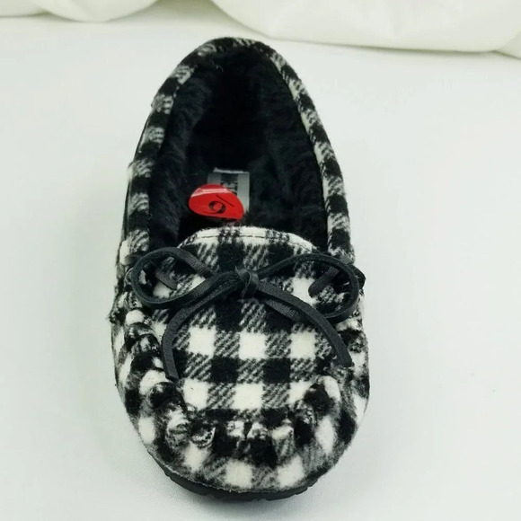 Minnetonka 6M Women's Black White Check Flannel Moccasin Faux Fur Slippers W/Bow - Picture 3 of 12